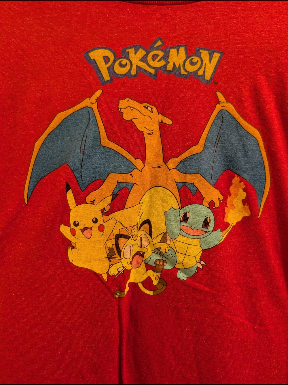 Pokemon Red Short Sleeve Tee with Charizard, Pikachu, Squirtle, And Meowth